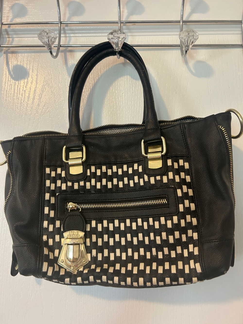 Steve Madden Black and Cream Woven Satchel with Gold Hardware
